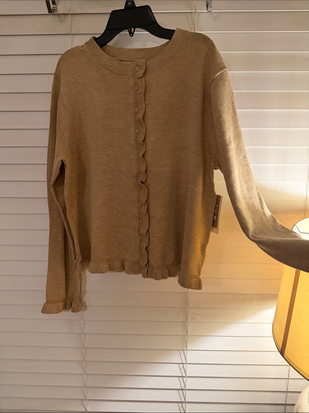 Classic Ruffle-Trim Button Down Cardigan - Tan